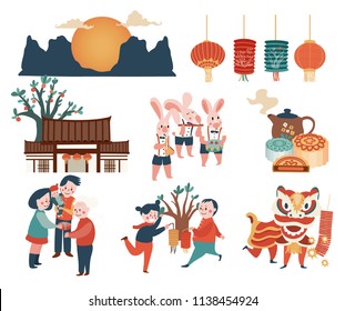 Mid-autumn festival celebration elements set with bunny, full moon, moon cake, Chinese lantern, family reunion, and lion dance, isolated on white background, illustration, vector