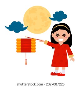 Mid-Autumn Festival in China. Chinese girl holding a flashlight against the background of the full moon. vector illustration