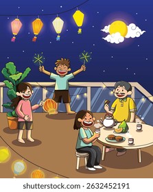 Mid-Autumn Festival Chinese family relative celebration home balcony full moon lantern