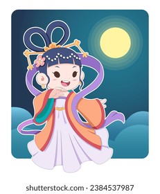 Mid-Autumn festival, cute style Chinese goddess with moon background cartoon illustration 