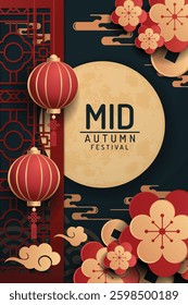 Mid-Autumn Festival design featuring red lanterns, traditional Chinese patterns and golden full moon on dark background, perfect for celebrations, greetings, promotions and festive themes
