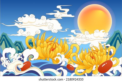 Mid-autumn festival, enjoy the moon and eat crabs and moon cakes with clouds and moon in the background, vector illustration