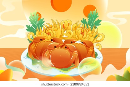 Mid-autumn festival, enjoy the moon and eat crabs and moon cakes with clouds and moon in the background, vector illustration