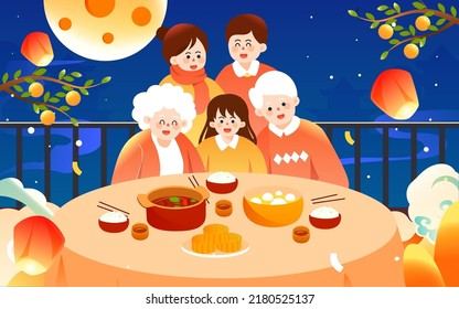 Familia del festival de mediados de otoño comiendo juntos para celebrar el festival con la luna y las nubes en el fondo, ilustración vectorial