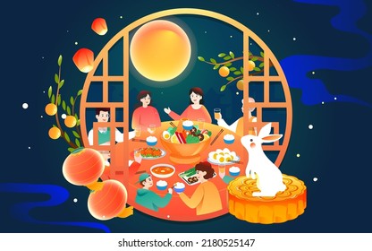 Familia del festival de mediados de otoño comiendo juntos para celebrar el festival con la luna y las nubes en el fondo, ilustración vectorial