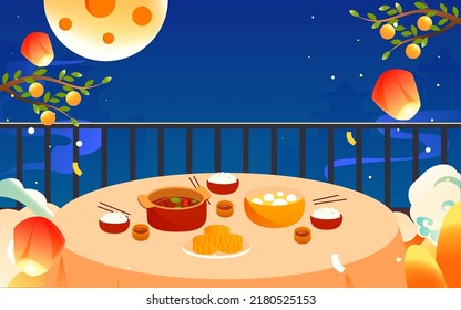 Mid-autumn festival family eating together to celebrate the festival with the moon and clouds in the background, vector illustration
