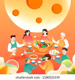 Familia del festival de mediados de otoño comiendo juntos para celebrar el festival con la luna y las nubes en el fondo, ilustración vectorial