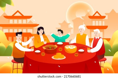 Mid-autumn festival family sits and eats at the table with Moon River buildings in the background, vector illustration