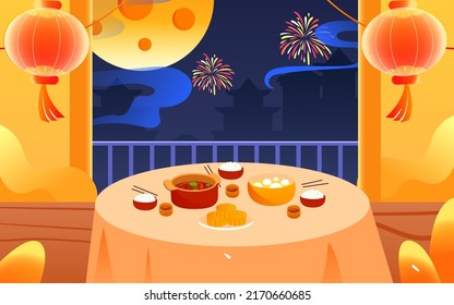 Mid-autumn festival family sits and eats at the table with Moon River buildings in the background, vector illustration