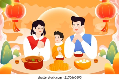 Mid-autumn festival family sits and eats at the table with Moon River buildings in the background, vector illustration