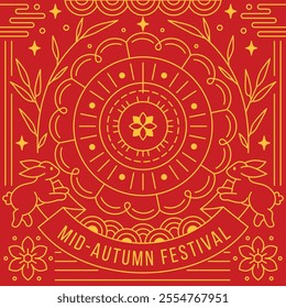 Mid-Autumn Festival greeting card featuring intricate Chinese patterns, rabbits, and floral motifs in a vibrant red and gold color palette, perfect for festive decorations, posters, and invitations.