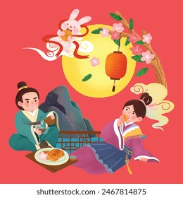 Mid-Autumn Festival hand drawn character illustration admiring the moon and eating moon cakes