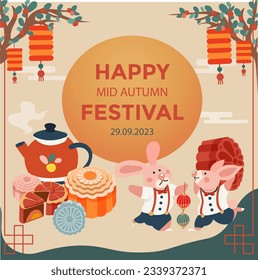 Mid-autumn festival having rabbits celebrating under the full moon with mooncakes , persimmons trees, lanterns, cartoon , illustration, vector. 