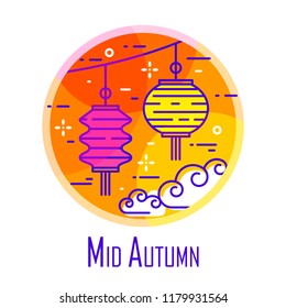 Mid-Autumn Festival icon with color lanterns and clouds in orange circle. Thin line flat design. Vector banner.