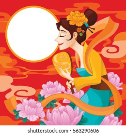 Mid-autumn festival illustration of beautiful Chang'e covered by lotus