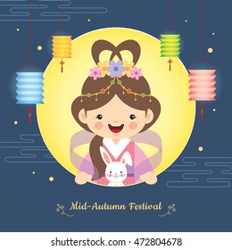 Mid-autumn festival illustration of cute Chang'e (moon goddess) and bunny with full moon and lanterns on starry night background. vector cartoon character.