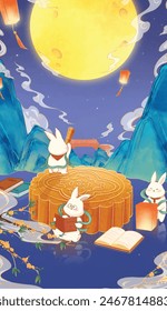 Mid-Autumn Festival illustration rabbit admiring the moon next to the moon cake