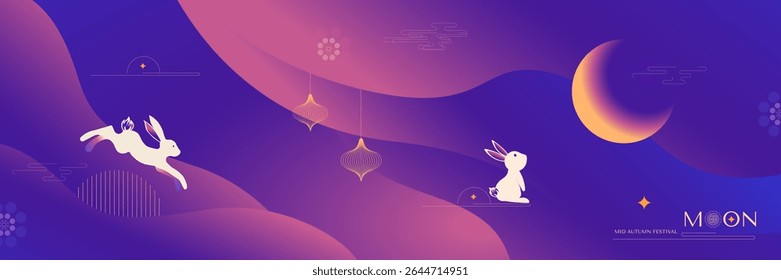 Mid-Autumn Festival. Jumping rabbits, full moon. Delicate purple background. Chuseok, Chinese translation Mid-Autumn. Banner, background and poster. Vector
