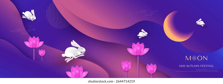 Mid-Autumn Festival. Jumping rabbits, lotus flowers, full moon. Chuseok, Chinese translation Mid-Autumn. Banner, background and poster. Vector