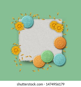 Mid-autumn festival. Moon cake and flowers on a sheet of watercolor paper