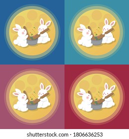 Mid-Autumn Festival, the moon and the clouds, the cute rabbit on the moon makes four backgrounds of herbs, cartoon, illustration, vector