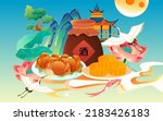 Mid-autumn festival on August 15th, traditional festival steamed crab to eat with moon and clouds in the background, vector illustration