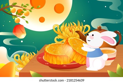 Mid-autumn festival on August 15th, moon cakes and delicacies are placed on the table with the moon and clouds in the background, vector illustration