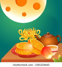 Mid-autumn festival on August 15th, moon cakes and delicacies are placed on the table with the moon and clouds in the background, vector illustration