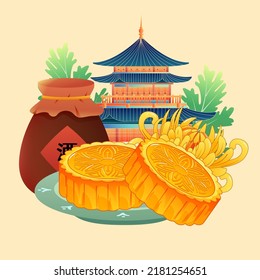 Mid-autumn festival on August 15th, moon cakes and delicacies are placed on the table with the moon and clouds in the background, vector illustration