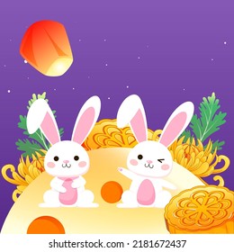 Mid-autumn festival on August 15th, rabbit is admiring the moon with moon cakes and clouds in the background, vector illustration