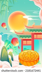Mid-autumn festival on August 15th, rabbit is admiring the moon with moon cakes and clouds in the background, vector illustration