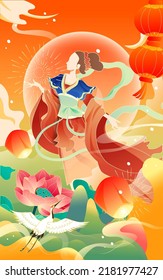Mid-autumn festival on August 15th, Chinese mythology story Chang'e flying to the moon with moon and clouds in the background, vector illustration