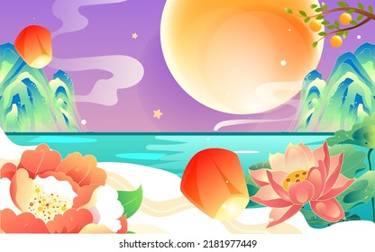 Mid-autumn festival on August 15th, Chinese mythology story Chang'e flying to the moon with moon and clouds in the background, vector illustration