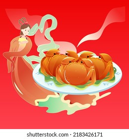 Mid-autumn festival on August 15th, traditional festival steamed crab to eat with moon and clouds in the background, vector illustration