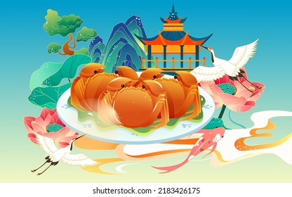 Mid-autumn festival on August 15th, traditional festival steamed crab to eat with moon and clouds in the background, vector illustration