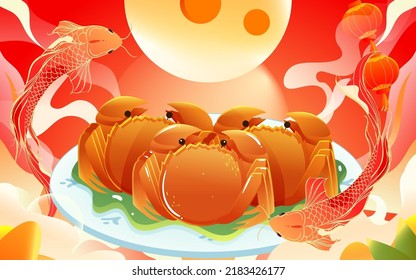 Mid-autumn festival on August 15th, traditional festival steamed crab to eat with moon and clouds in the background, vector illustration