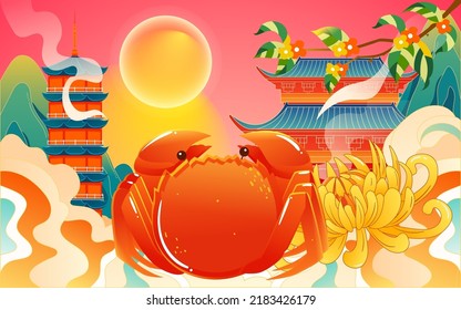 Mid-autumn festival on August 15th, traditional festival steamed crab to eat with moon and clouds in the background, vector illustration