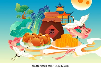 Mid-autumn festival on August 15th, traditional festival steamed crab to eat with moon and clouds in the background, vector illustration