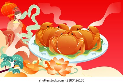 Mid-autumn festival on August 15th, traditional festival steamed crab to eat with moon and clouds in the background, vector illustration