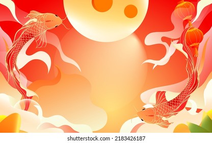 Mid-autumn festival on August 15th, traditional festival steamed crab to eat with moon and clouds in the background, vector illustration