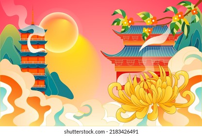 Mid-autumn festival on August 15th, traditional festival steamed crab to eat with moon and clouds in the background, vector illustration