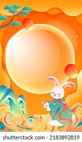 Mid-autumn festival on August 15th, traditional mythology of jade rabbit worshiping the moon, vector illustration