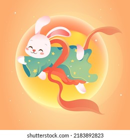 Mid-autumn festival on August 15th, traditional mythology of jade rabbit worshiping the moon, vector illustration