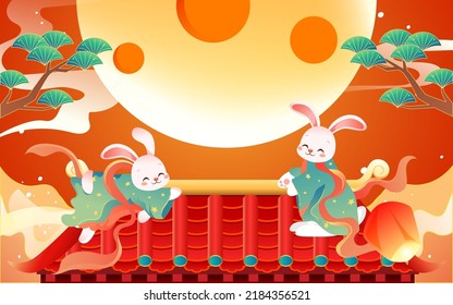 Mid-autumn festival on August 15th, traditional mythology of jade rabbit worshiping the moon, vector illustration