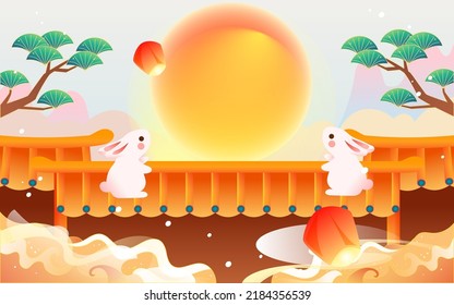 Mid-autumn festival on August 15th, traditional mythology of jade rabbit worshiping the moon, vector illustration