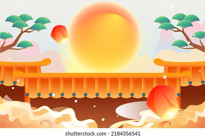 Mid-autumn festival on August 15th, traditional mythology of jade rabbit worshiping the moon, vector illustration