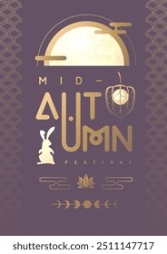 Mid-autumn festival party poster with full moon and rabbit on red background. Vector illustration