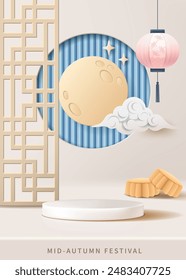 Afiche del festival de mediados de otoño. Pedestal o podio beige con luna, linterna y pasteles de luna sobre fondo beige.