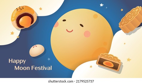 Mid-autumn festival poster, cute moon cakes with moon and clouds in the night sky, traditional Chinese festival