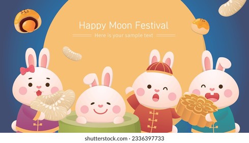 Mid-autumn festival poster, cute and playful rabbit mascot with moon and moon cake and pomelo